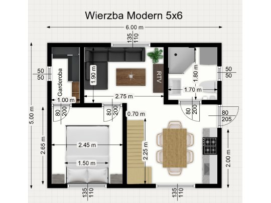 Holzhaus Wierzba Modern C 5x6m + 3m 30m2
