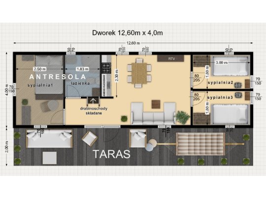 Domek letniskowy Dworek A 12,6 x 4 m 50,4m2