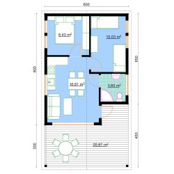 Dom drewniany parterowy Krokus 6x11m 38,67m2