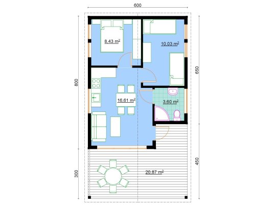 Dom drewniany parterowy Krokus 6x11m 38,67m2