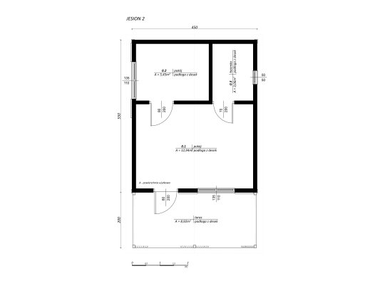 Dom drewniany Jesion 2  4,5 x 5,5m + 2m taras 24m2